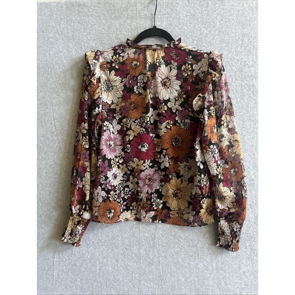 Steve Madden Fall Floral Ruffled Blouse Sheer Lined Smocked Cuffs Longsleeve XS - Picture 3 of 7